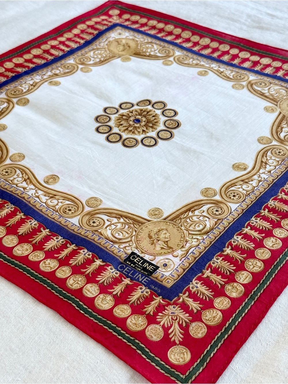 Vintage Celine Red Baroque Medallion Cotton Head Scarf Bandana Made in Japan